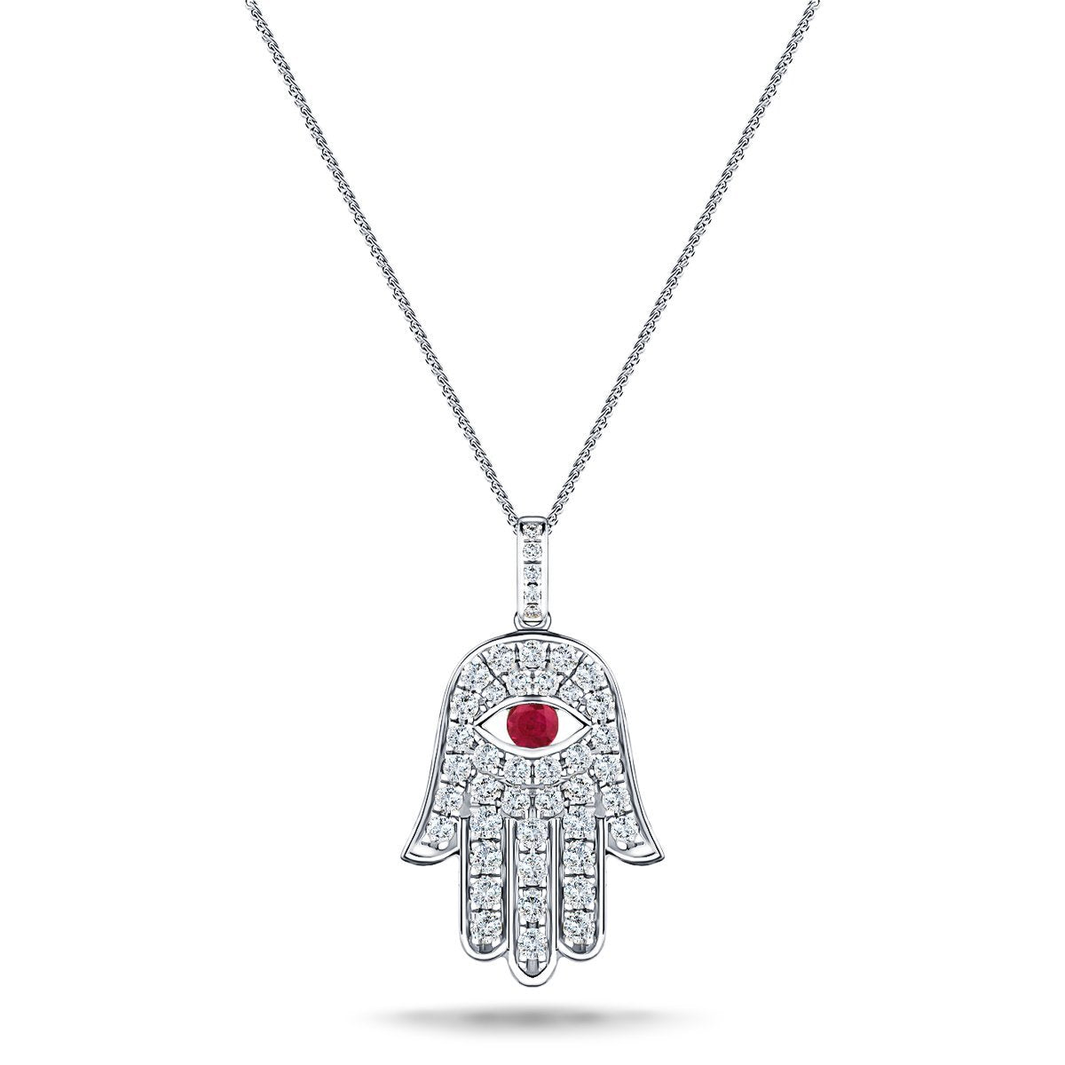 0.33ct Diamond Ruby 18K White Gold 'Evil Eye' Hamsa Pendant Necklace - All Diamond