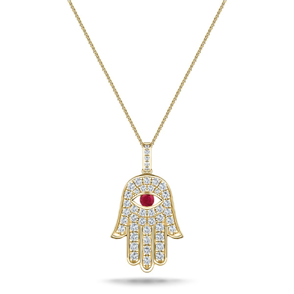 0.33ct Diamond Ruby 18K Yellow Gold 'Evil Eye' Hamsa Pendant Necklace - All Diamond