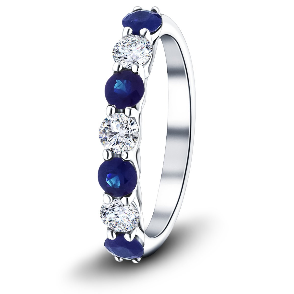 0.55ct Blue Sapphire 0.35ct Diamond Seven Stone Ring 18k White Gold - All Diamond