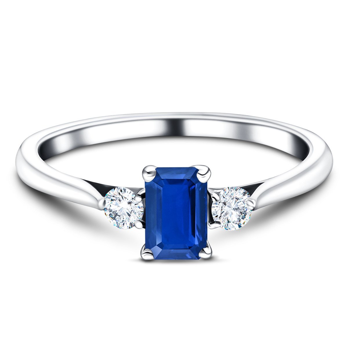 0.60ct Blue Sapphire with 0.20ct Diamond Trilogy Ring 18k White Gold - All Diamond