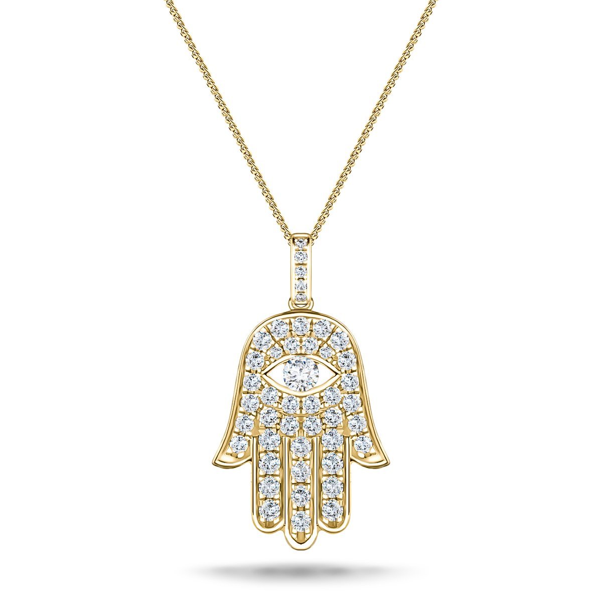 0.60ct Diamond and 18K Yellow Gold 'Evil Eye' Hamsa Pendant Necklace - All Diamond