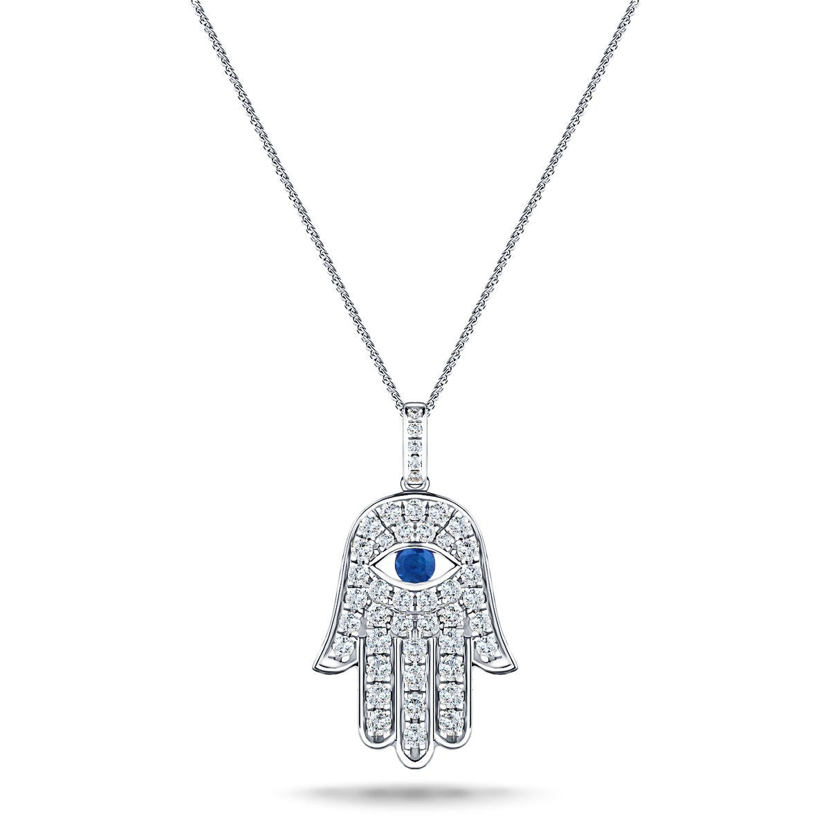 0.60ct Diamond Blue Sapphire 18K 'Evil Eye' Hamsa Pendant Necklace - All Diamond