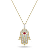 0.60ct Diamond Ruby 18K Yellow Gold 'Evil Eye' Hamsa Pendant Necklace - All Diamond