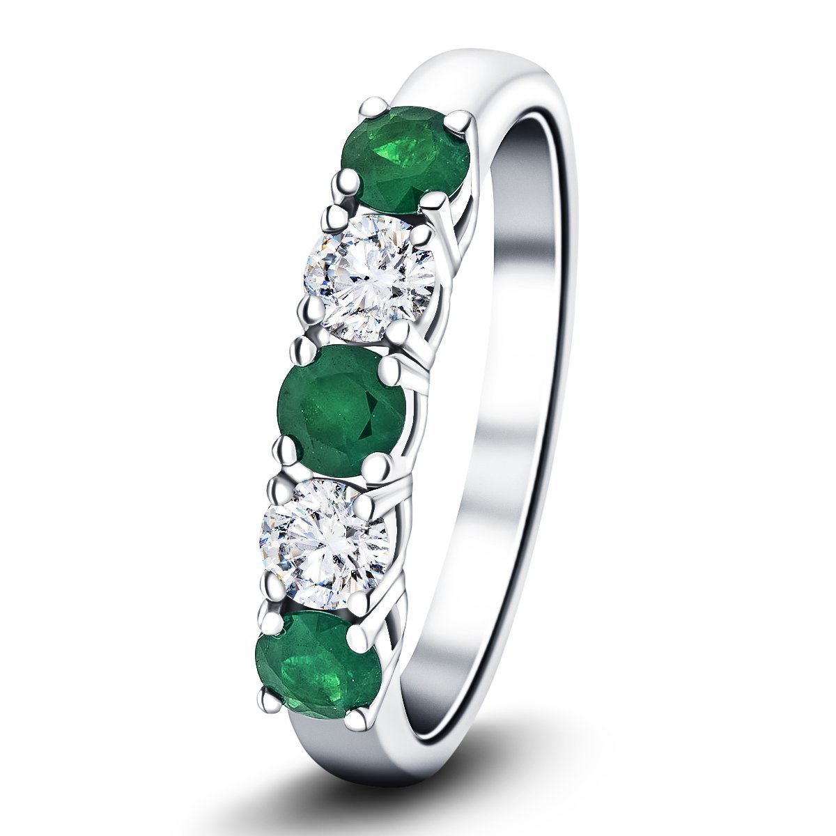 0.60ct Emerald 0.50ct Diamond Five Stone Ring 18k White Gold - All Diamond