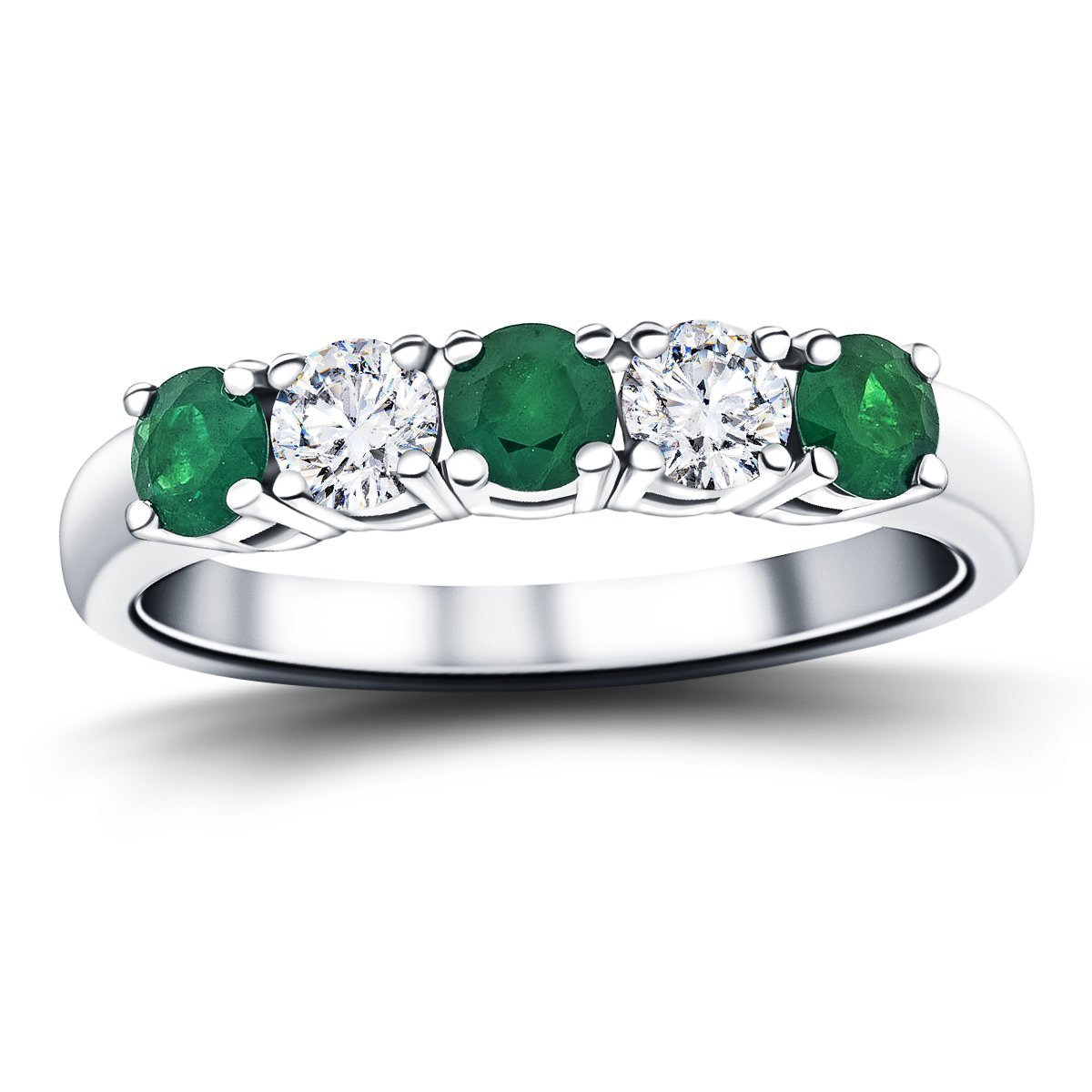 0.60ct Emerald 0.50ct Diamond Five Stone Ring 18k White Gold - All Diamond