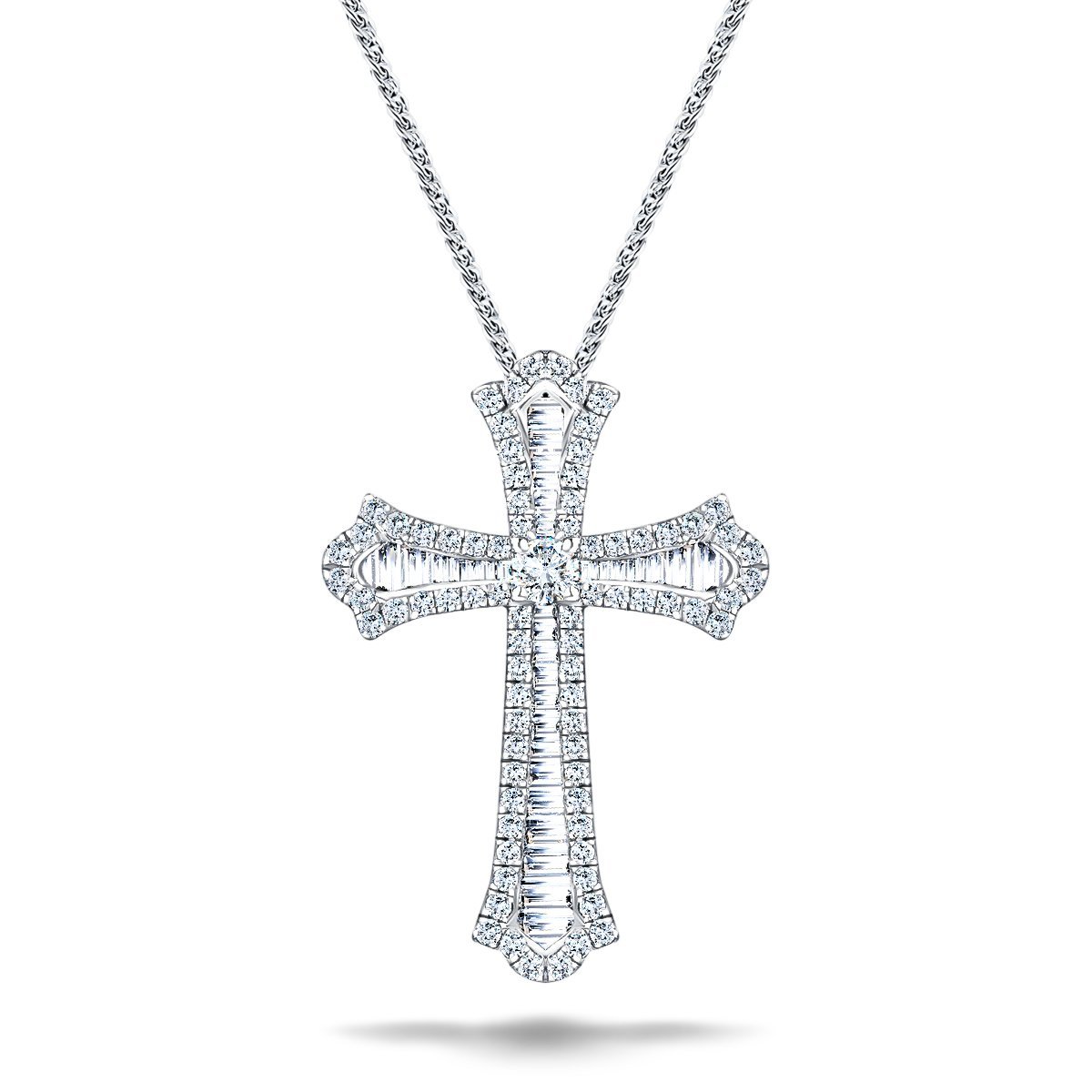 1.00ct Baguette and Round Cut Claw Set Diamond Cross in 18k White Gold - All Diamond