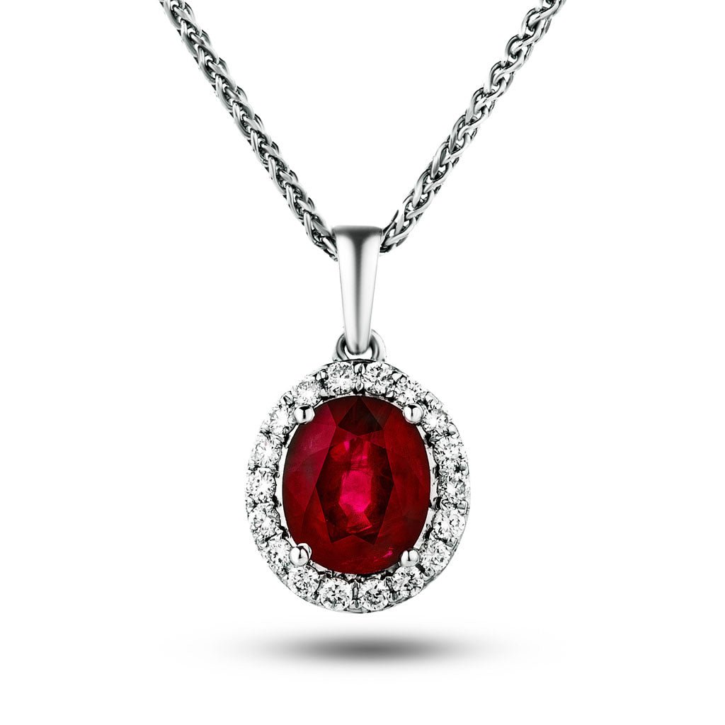1.13ct Oval Ruby & 0.12ct G/SI Diamond Necklace in 18k White Gold - All Diamond