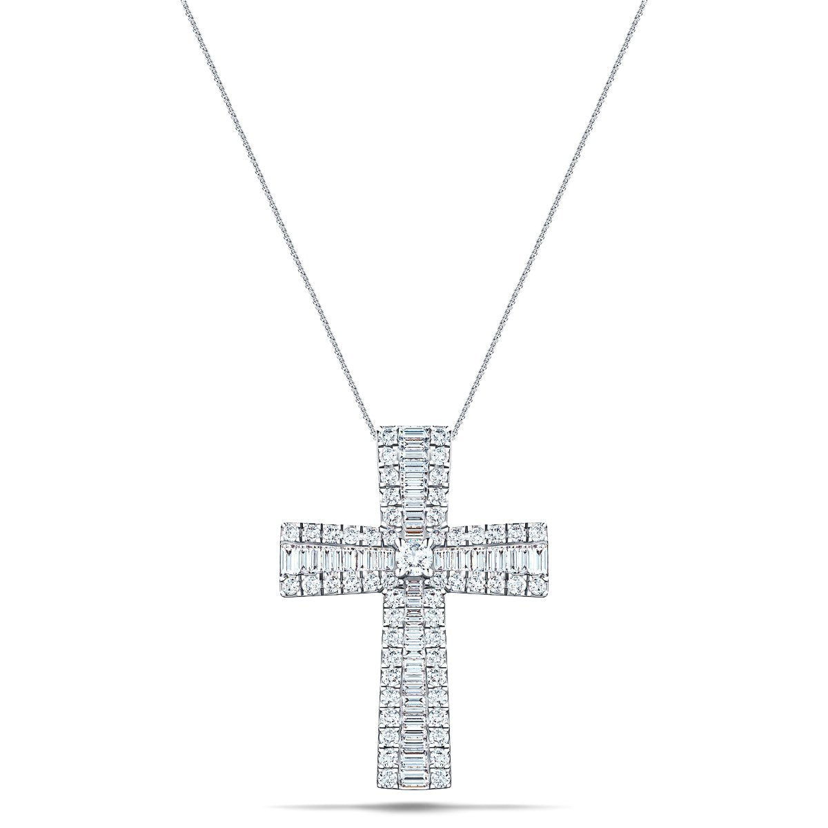 1.25ct Baguette and Round Cut Claw Set Diamond Cross in 18k White Gold - All Diamond