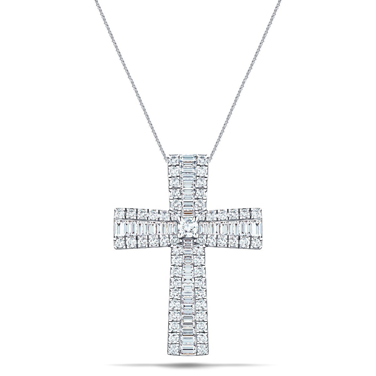1.25ct Baguette and Round Cut Claw Set Diamond Cross in 18k White Gold - All Diamond