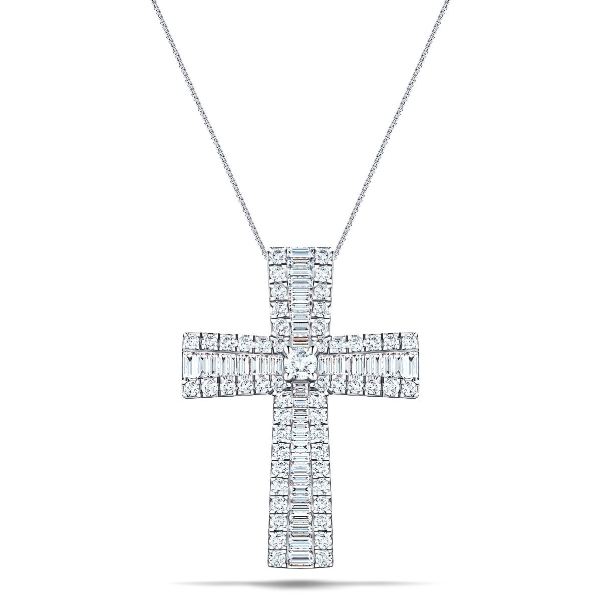 1.25ct Baguette and Round Cut Claw Set Diamond Cross in 18k White Gold - All Diamond