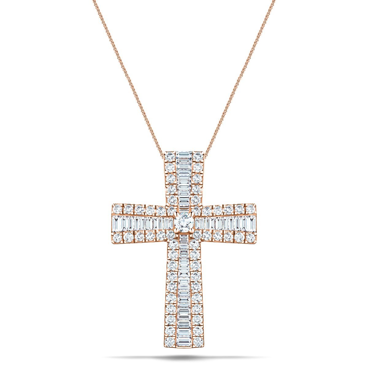 1.25ct Baguette & Round Cut Claw Set Diamond Cross in 18k Rose Gold - All Diamond