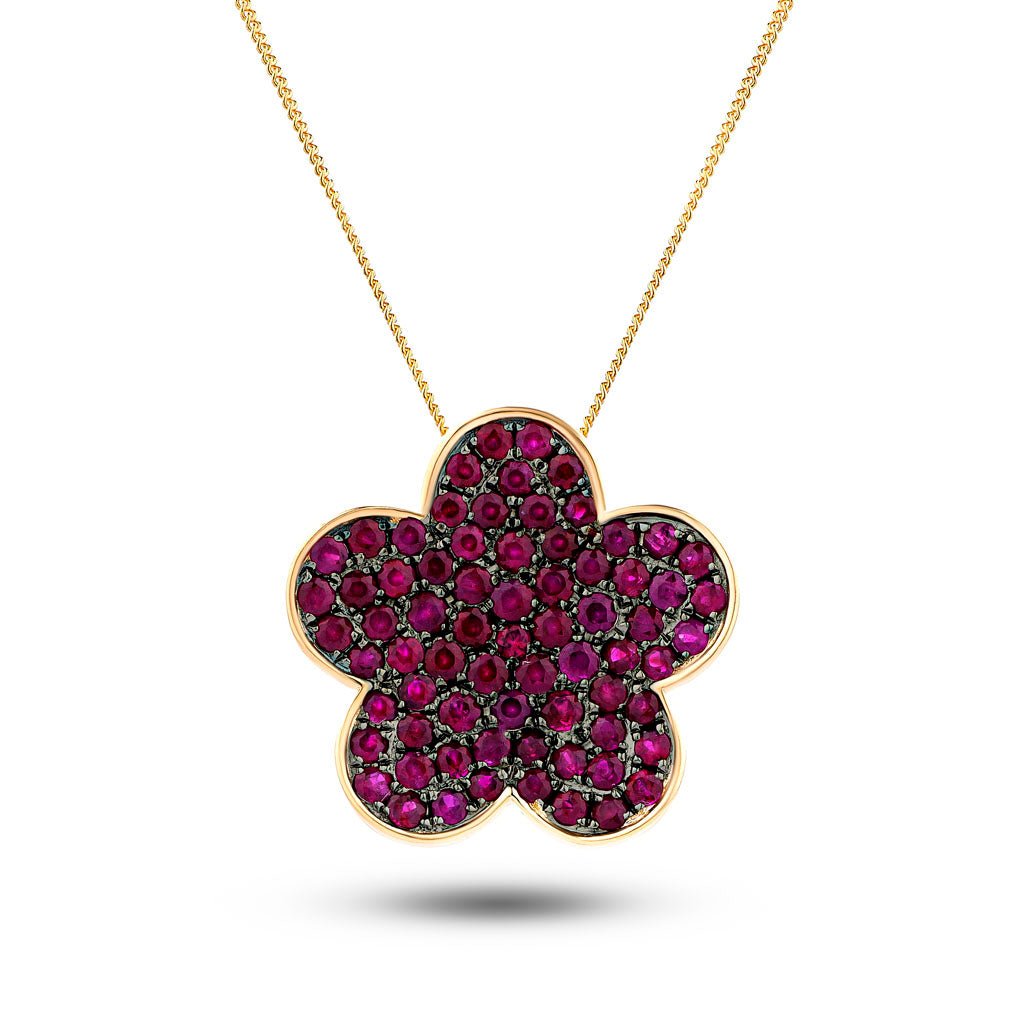 1.30ct Ruby Flower Shaped Necklace in 18k Rose Gold - All Diamond