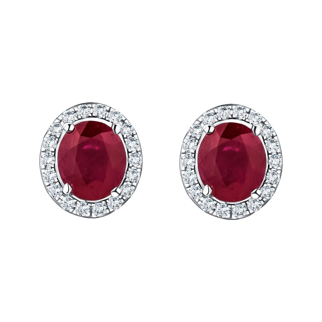1.80ct Ruby & Diamond Oval Cluster Earrings 18k White Gold - All Diamond