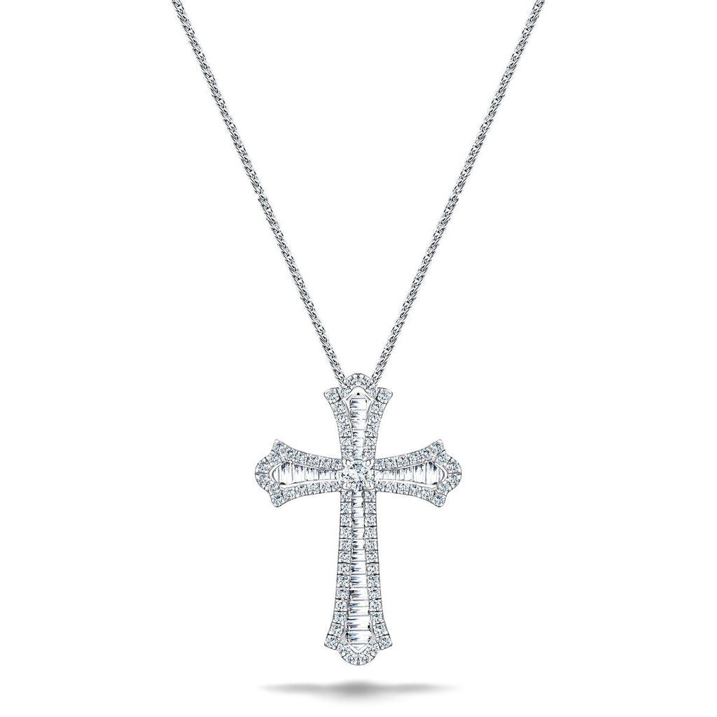 2.00ct Baguette and Round Cut Claw Set Diamond Cross in 18k White Gold - All Diamond