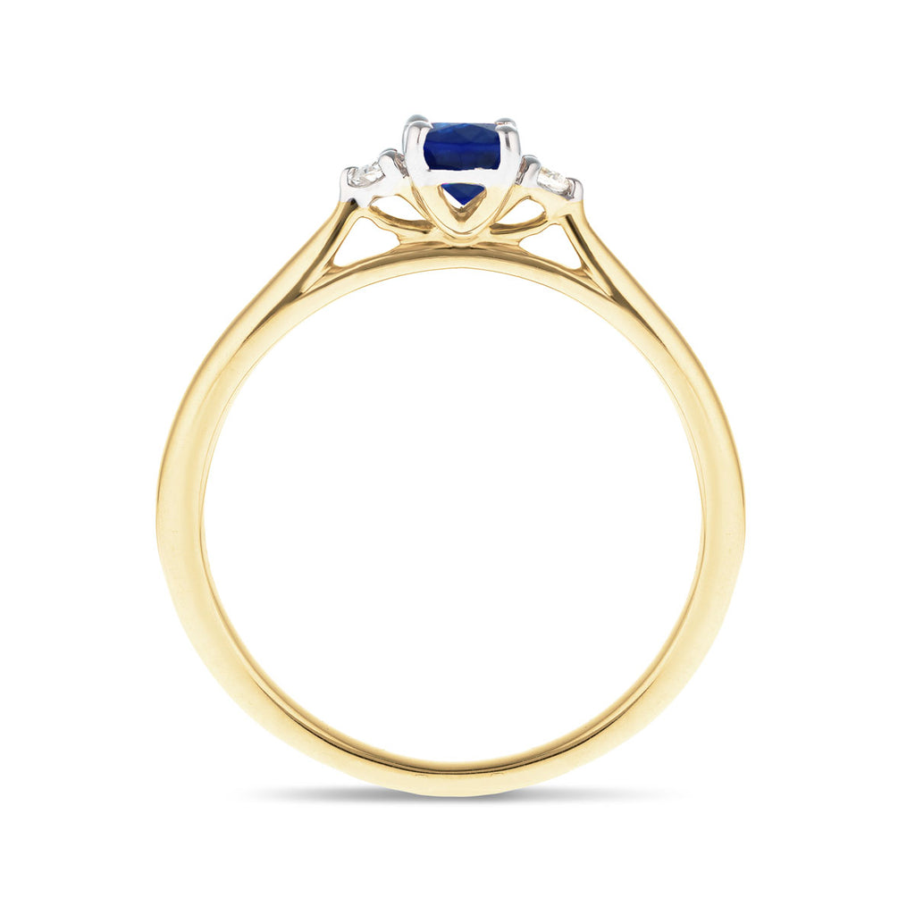 Blue Sapphire 0.60ct Diamond 0.06ct Three Stone Ring 9k Yellow Gold