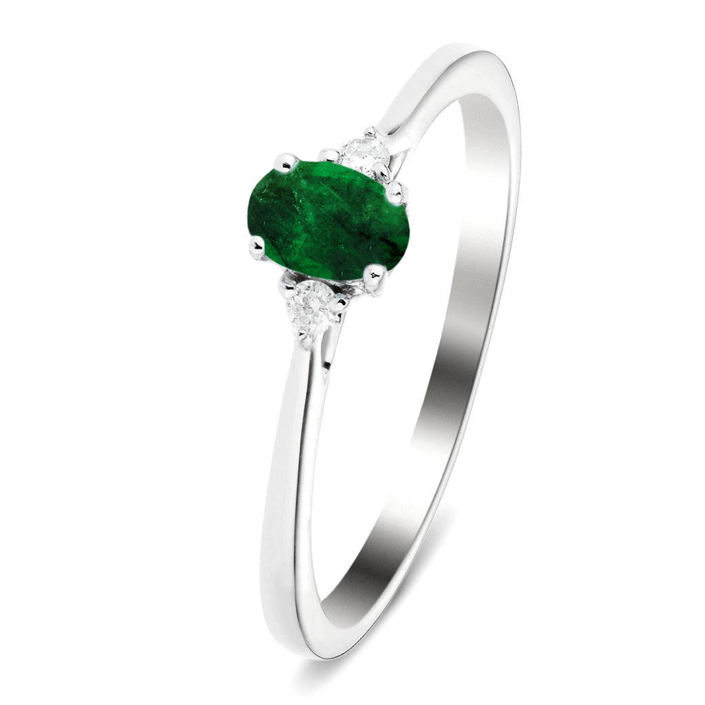 Emerald 0.50ct Diamond 0.06ct Three Stone Ring 9k White Gold