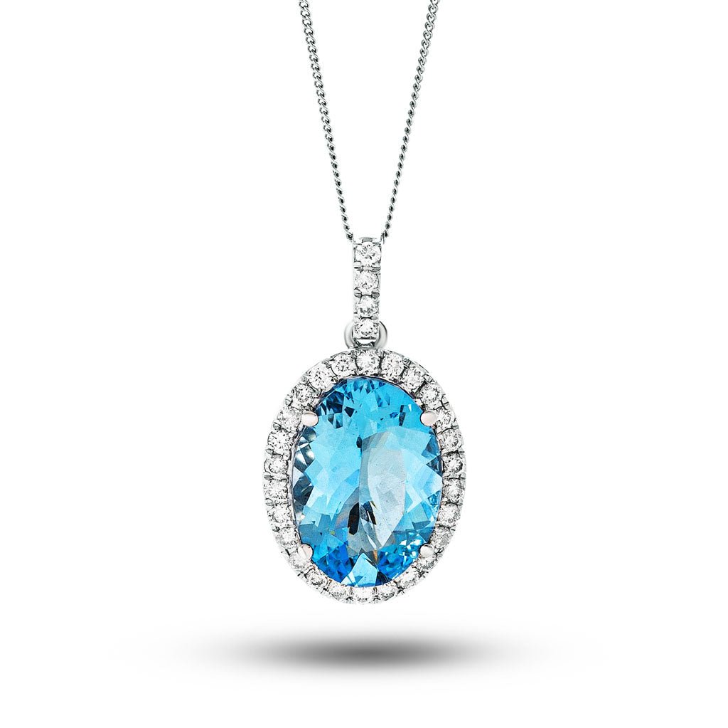 Aquamarine 0.97ct & 0.33ct G/SI Diamond Necklace in 18k White Gold - All Diamond
