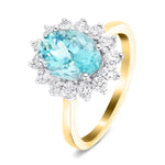 Aquamarine 1.79ct and Diamond 0.54ct Cluster Ring in 18K Yellow Gold - All Diamond