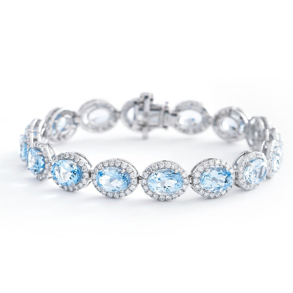Aquamarine & Diamond Halo Bracelet 20.85ct in 18k White Gold - All Diamond