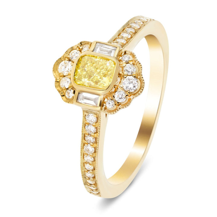 Art Deco Cushion Yellow Diamond 0.65ct Rub Over Ring in 18k Yellow Gold