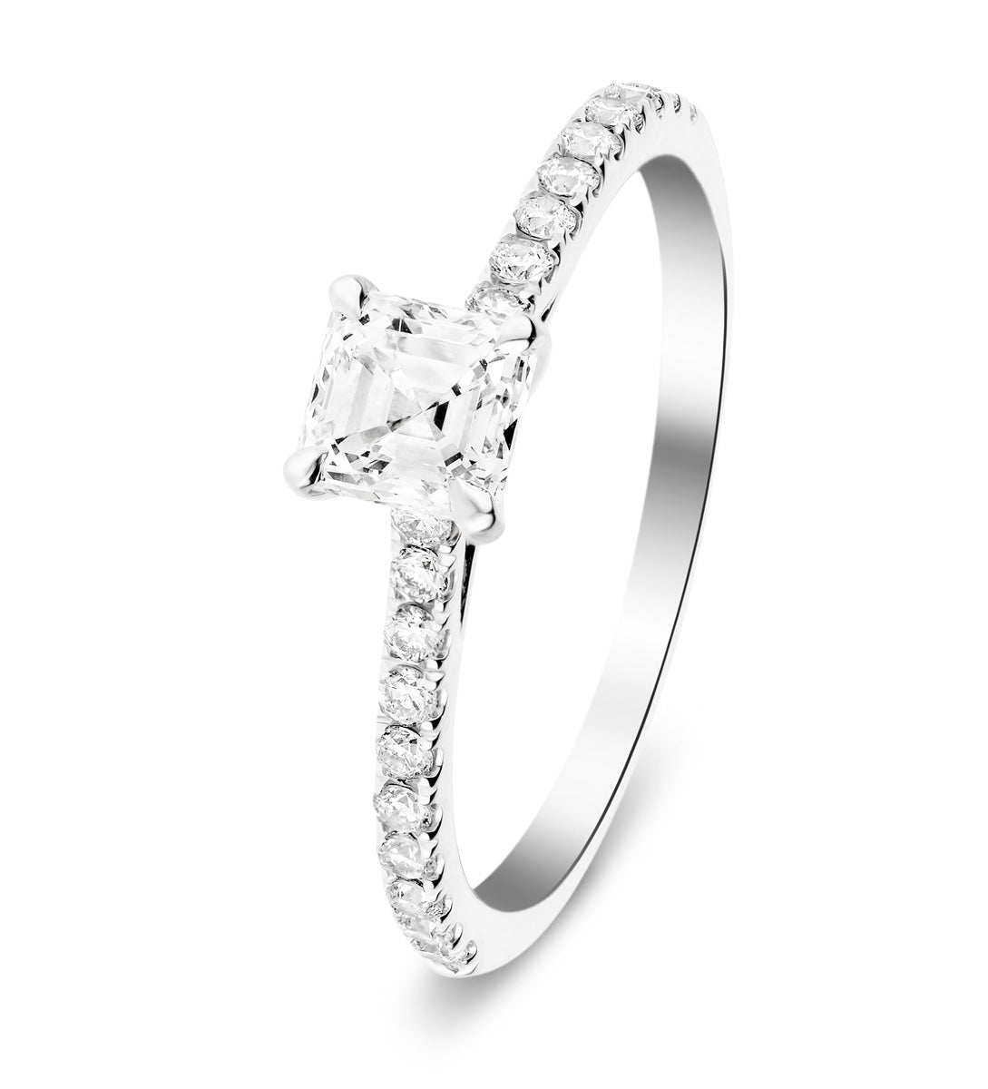 Asscher Cut Diamond Side Stone Engagement Ring 0.55ct G/SI in 18k White Gold - All Diamond