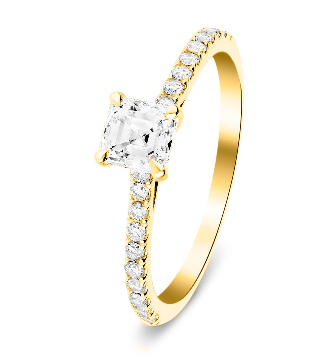 Asscher Cut Diamond Side Stone Engagement Ring 0.55ct G/SI in 18k Yellow Gold - All Diamond