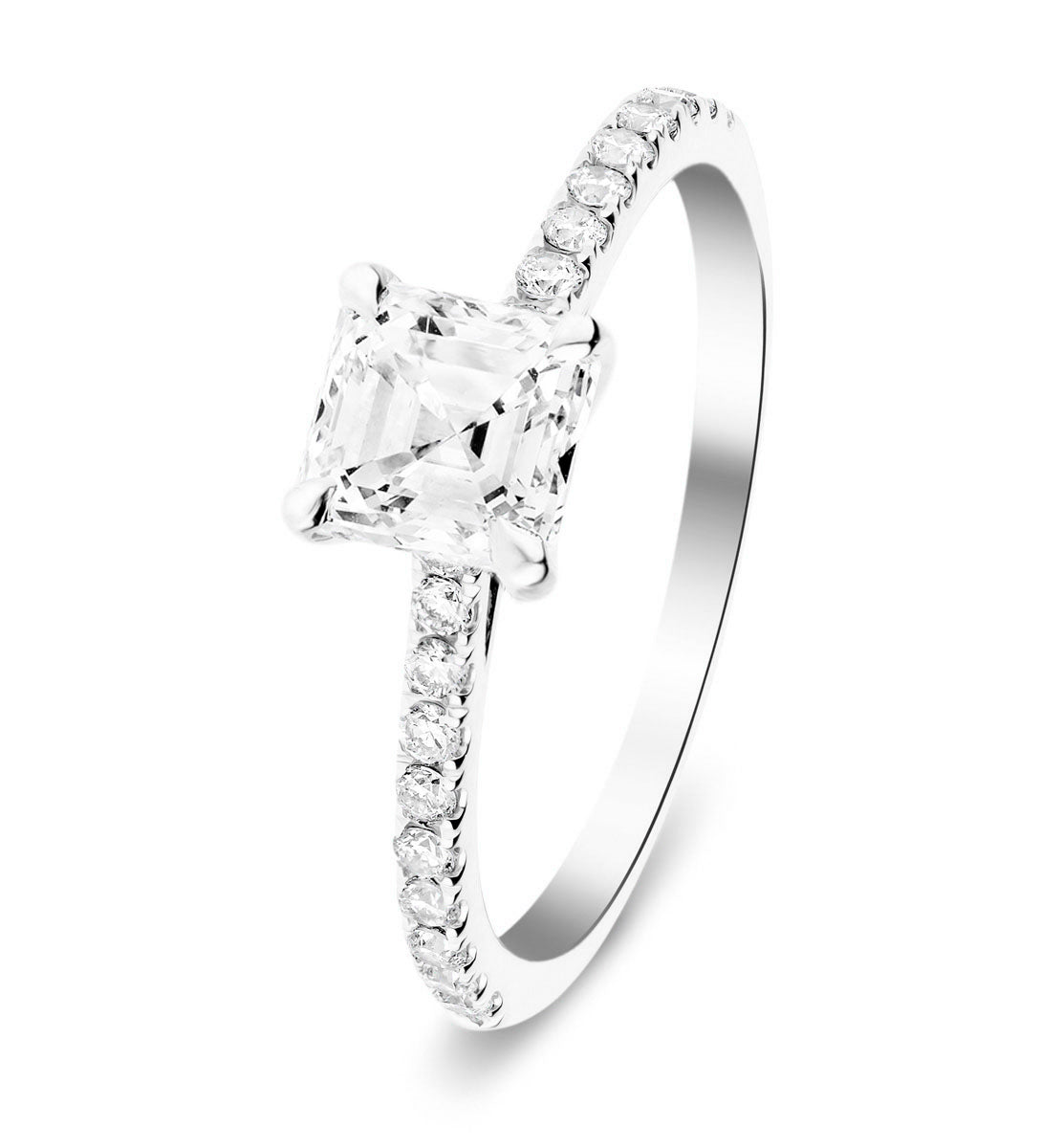 Asscher Cut Diamond Side Stone Engagement Ring 1.00ct E/VS in 18k White Gold - All Diamond