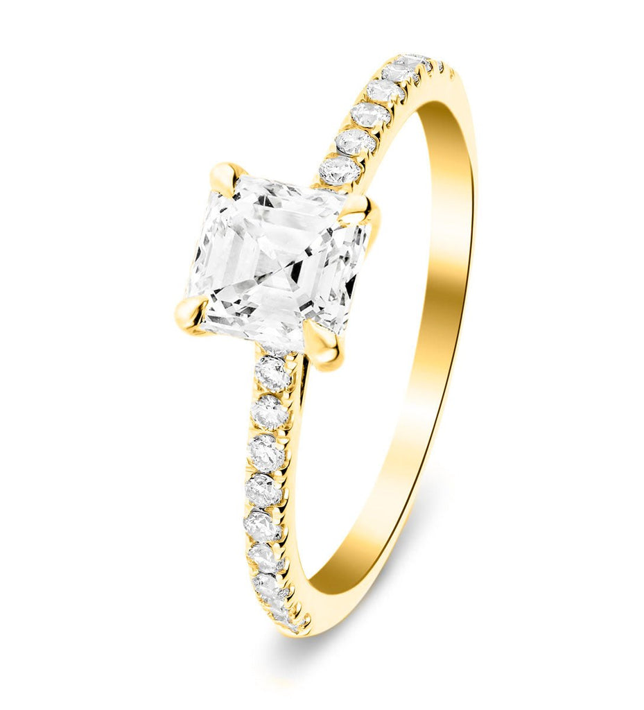 Asscher Cut Diamond Side Stone Engagement Ring 1.00ct E/VS in 18k Yellow Gold - All Diamond