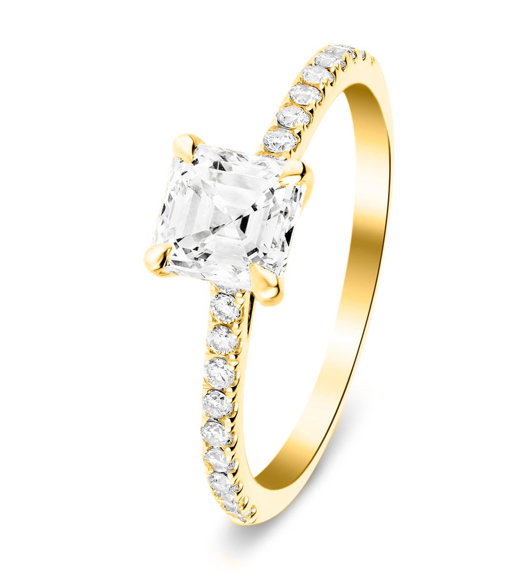 Asscher Cut Diamond Side Stone Engagement Ring 1.80ct G/SI in 18k Yellow Gold - All Diamond