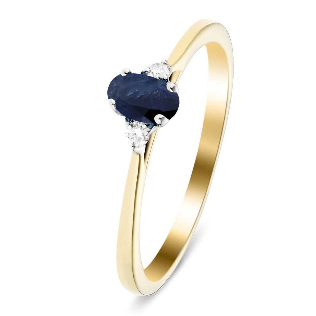Blue Sapphire 0.20ct Diamond 0.05ct Three Stone Ring 9k Yellow Gold - All Diamond