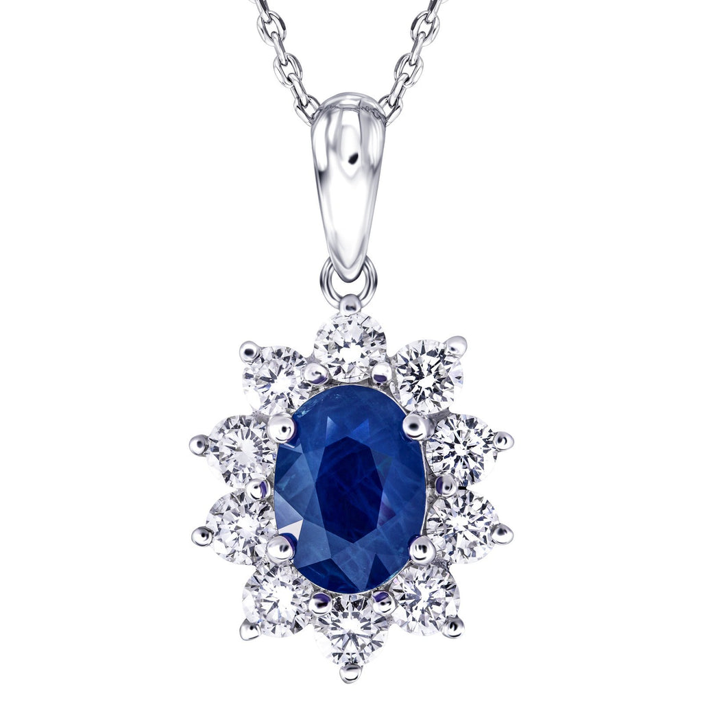 Blue Sapphire 0.50ct & 0.30ct G/SI Diamond Necklace in 18k White Gold - All Diamond