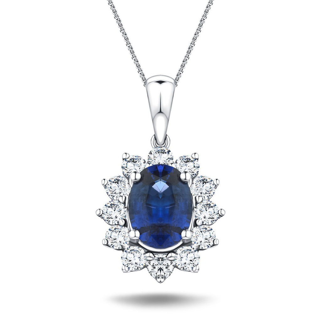 Blue Sapphire 1.40ct & 0.60ct G/SI Diamond Necklace in 18k White Gold - All Diamond