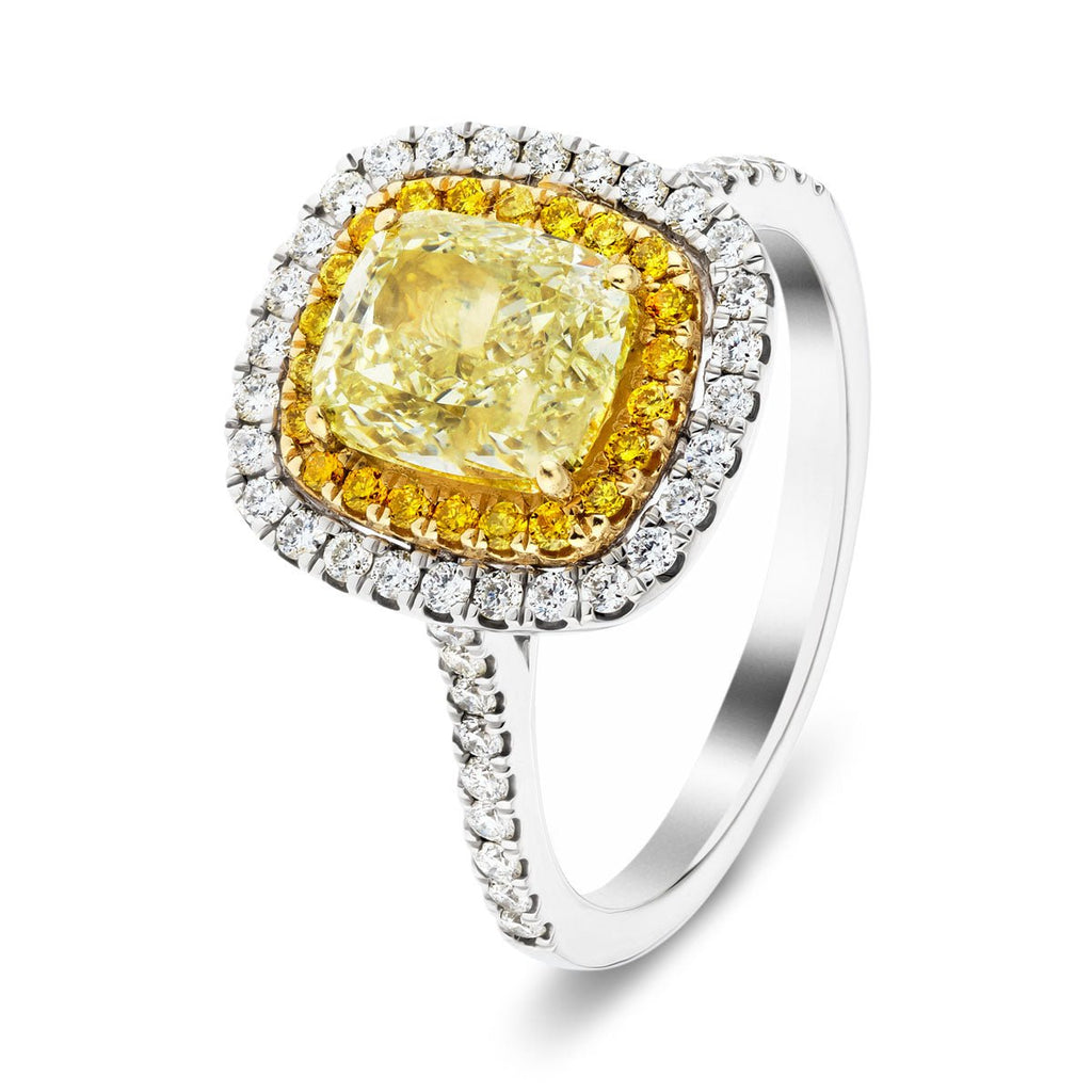 Certified Cushion Yellow Diamond Double Halo Engagement Ring 1.40ct Ring 18k White Gold - All Diamond