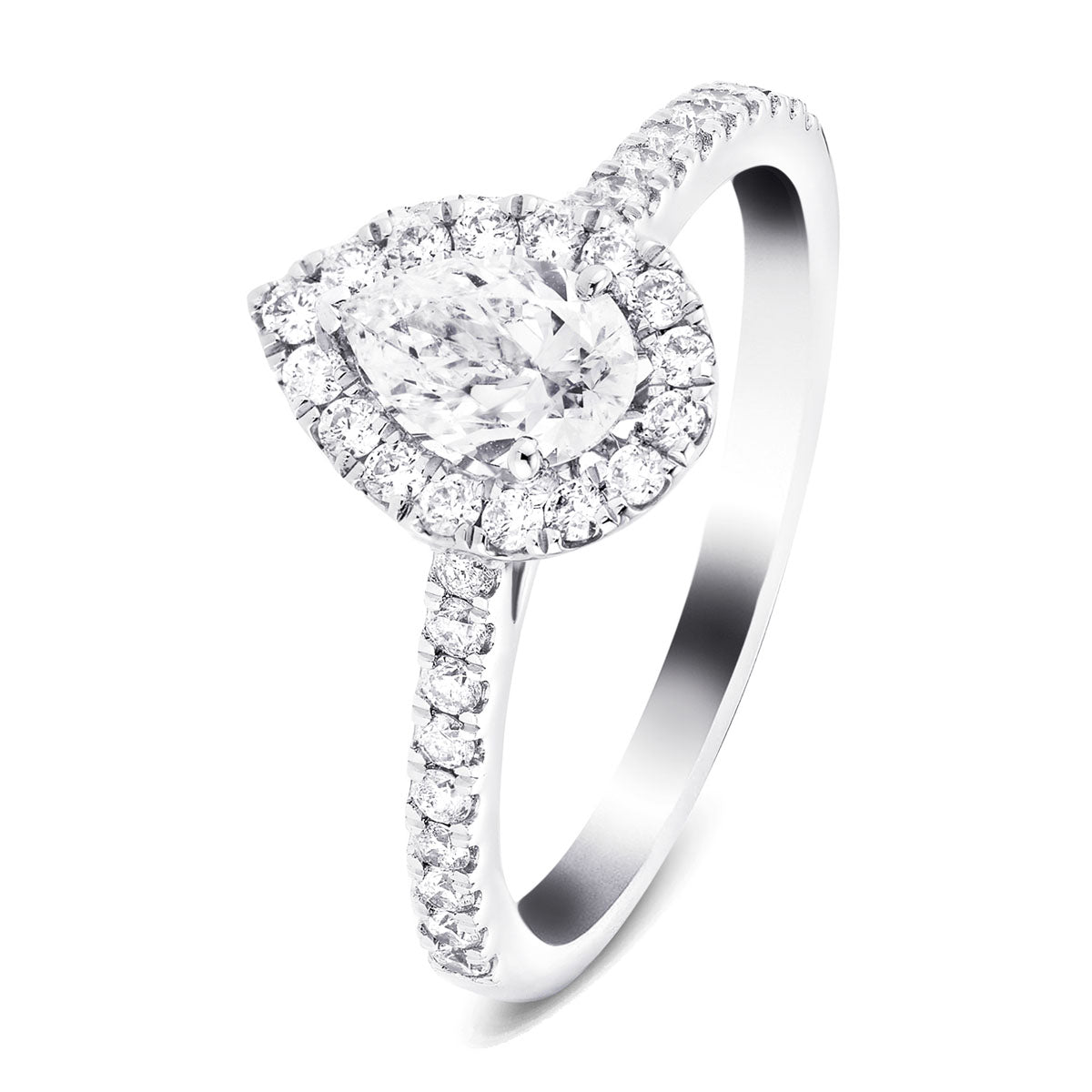 Certified Diamond Halo Pear Engagement Ring 0.85ct 18k White Gold - All Diamond