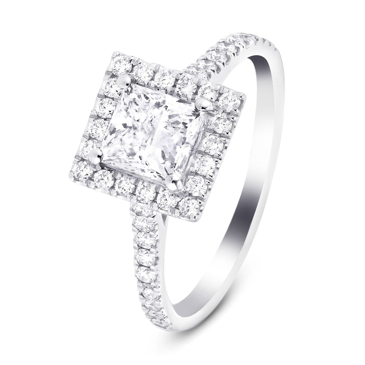 Certified Diamond Halo Princess Engagement Ring 1.36ct 18k White Gold - All Diamond