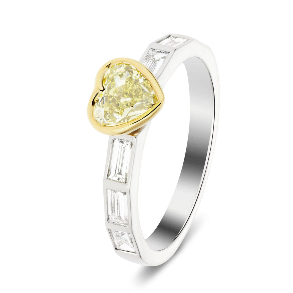 Certified Heart and Baguette Yellow Diamond Engagement Ring 1.25ct Ring 18k White Gold - All Diamond