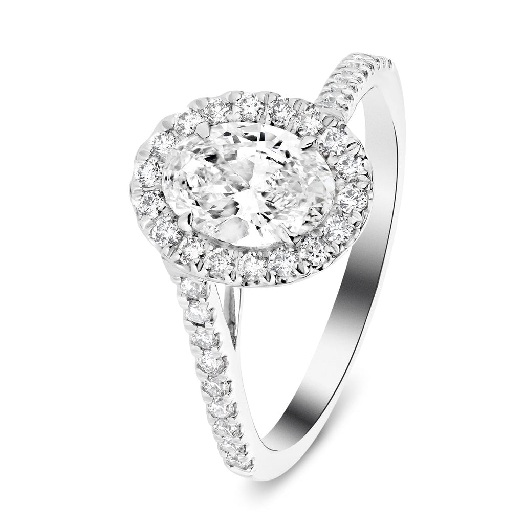 Certified Twist Oval Diamond Halo Engagement Ring 0.85ct E/VS in Platinum - All Diamond