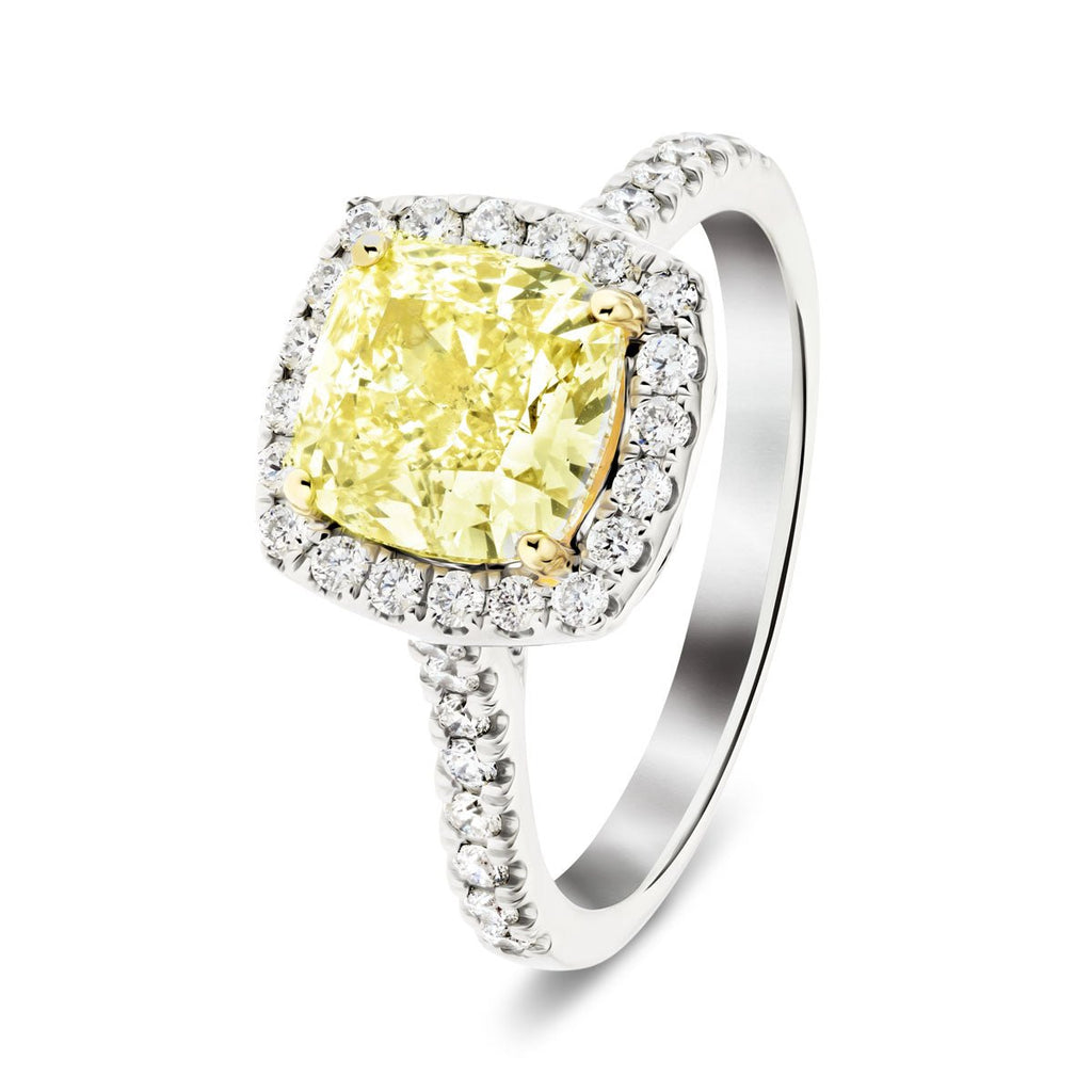 Certified Yellow Diamond Cushion Engagement Ring 2.40ct Ring in 18k White Gold - All Diamond