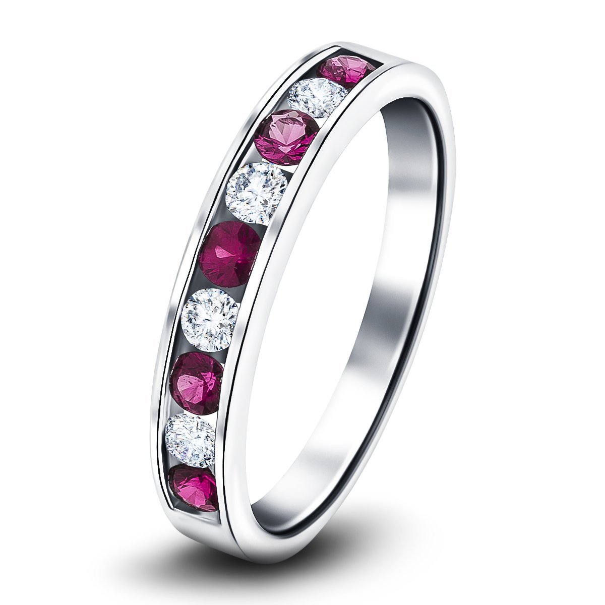 Channel Ruby & Diamond Half Eternity Ring 0.90ct 18k White Gold - All Diamond