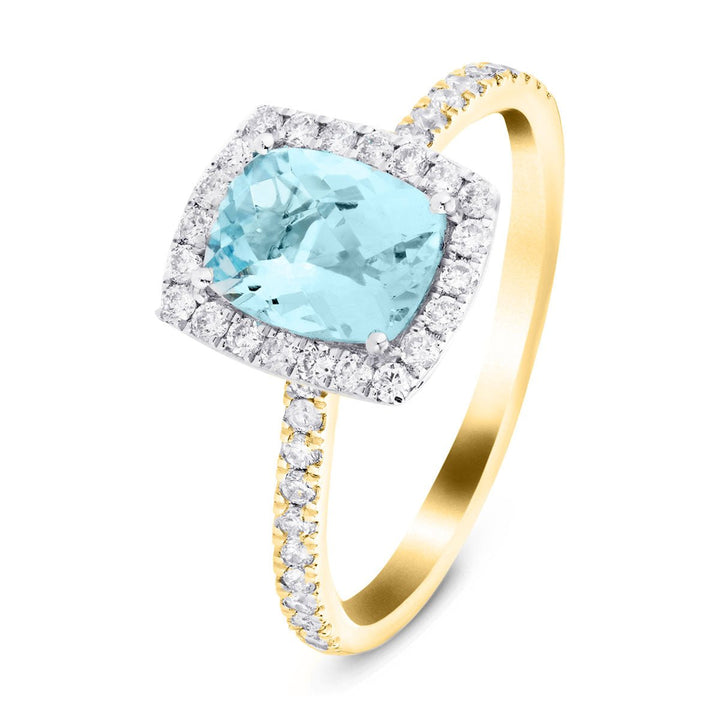Cushion Halo Aquamarine 1.21ct & Diamond 0.32ct Ring in 18K Yellow Gold