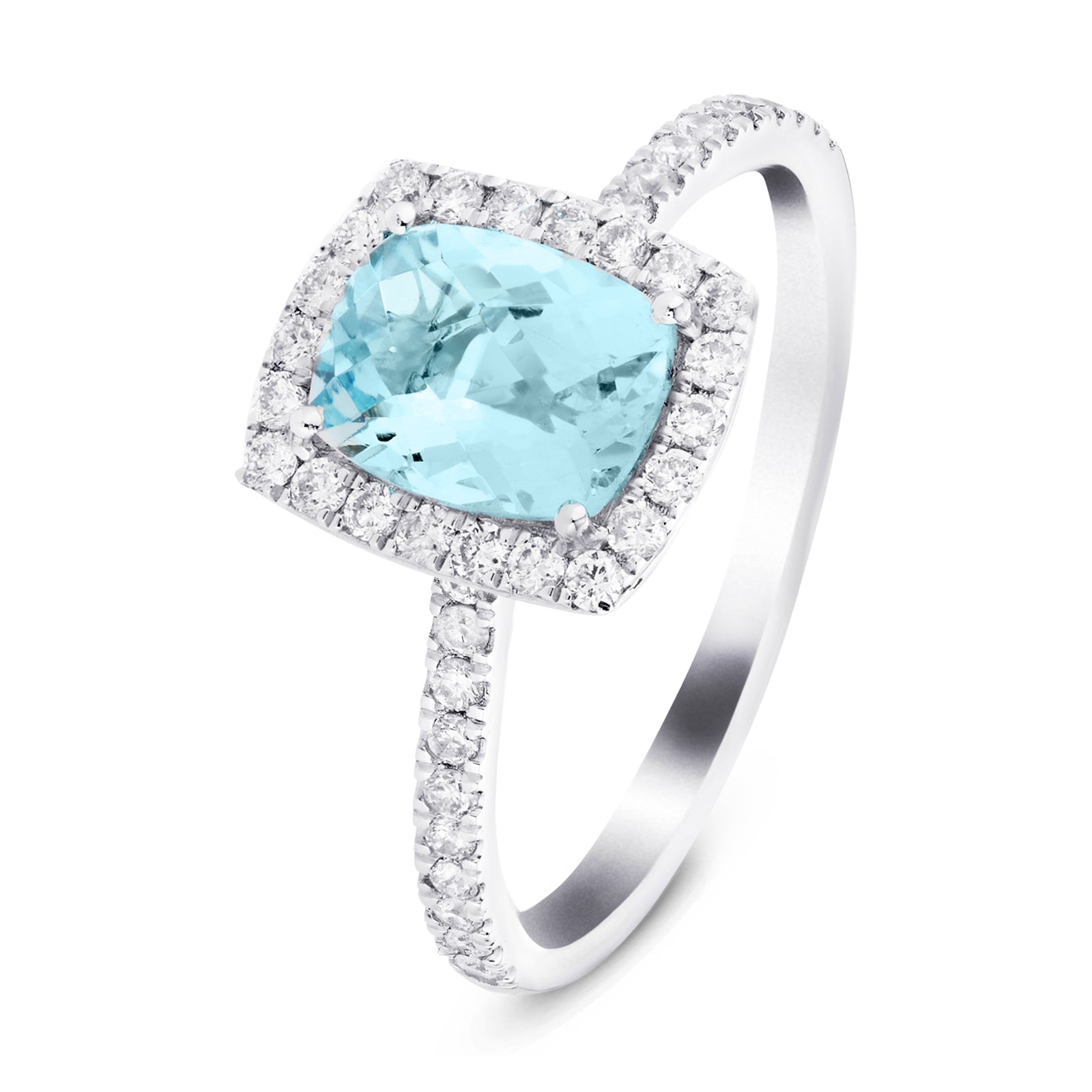 Cushion Halo Aquamarine 1.21ct & Diamond 0.32ct Ring in Platinum - All Diamond