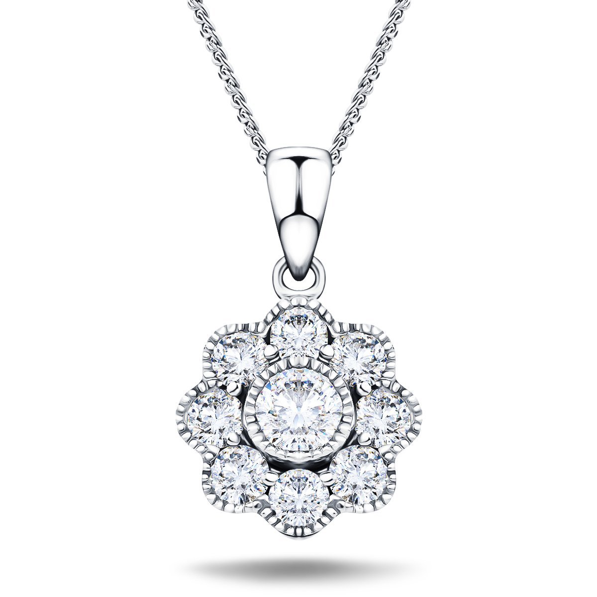 Diamond Cluster Pendant Necklace 0.35ct G/SI 18k White Gold 9.0x15.6 - All Diamond