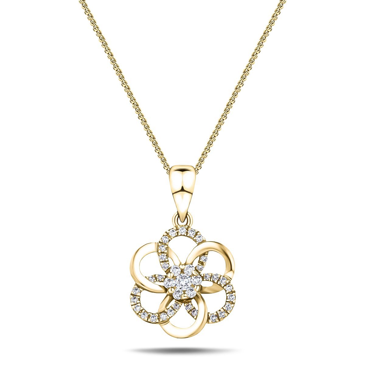 Diamond Flower Pendant Necklace 0.10ct G/SI 18k Yellow Gold 9.4mm - All Diamond