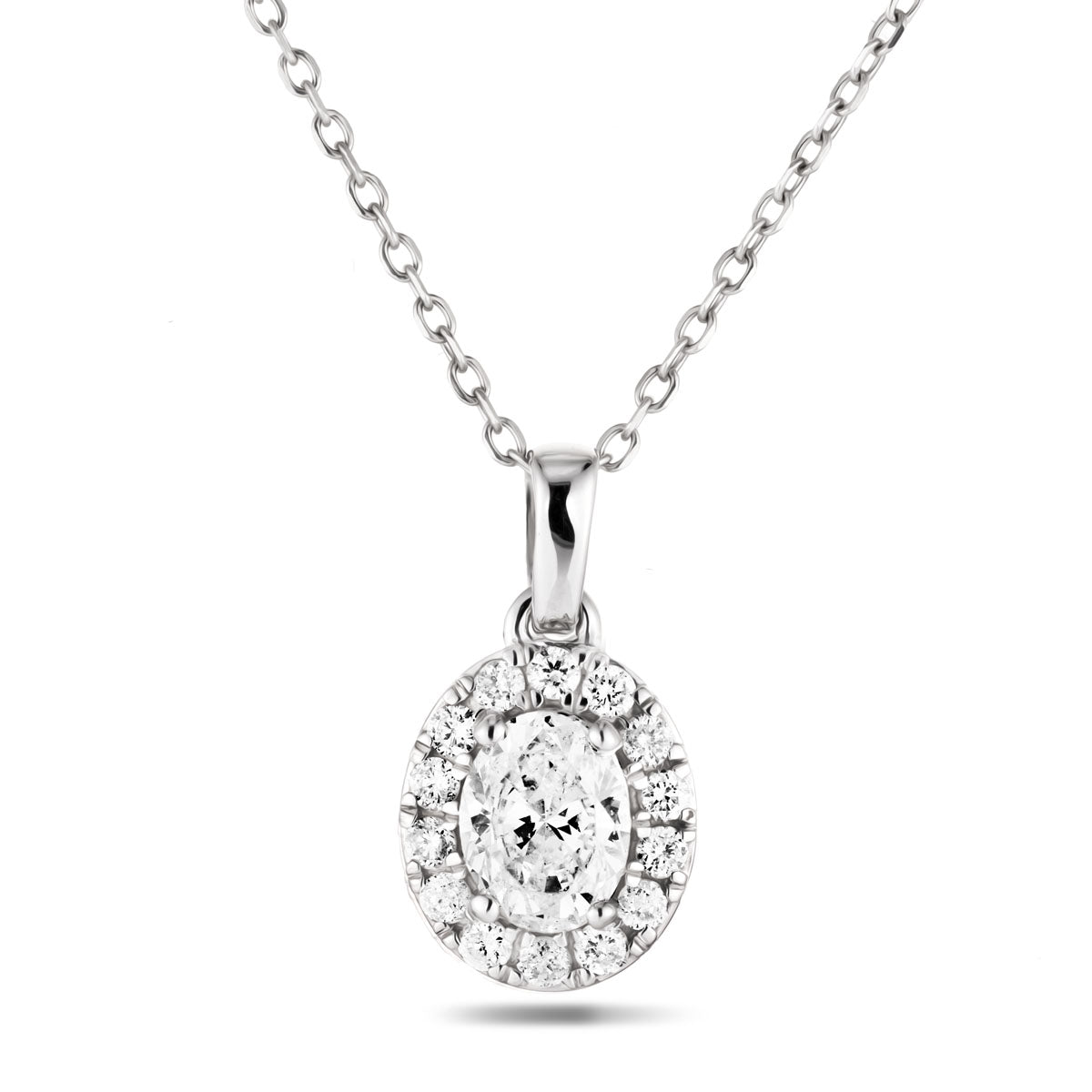 Diamond Halo Oval Pendant 0.55ct G/SI Quality in 18k White Gold - All Diamond