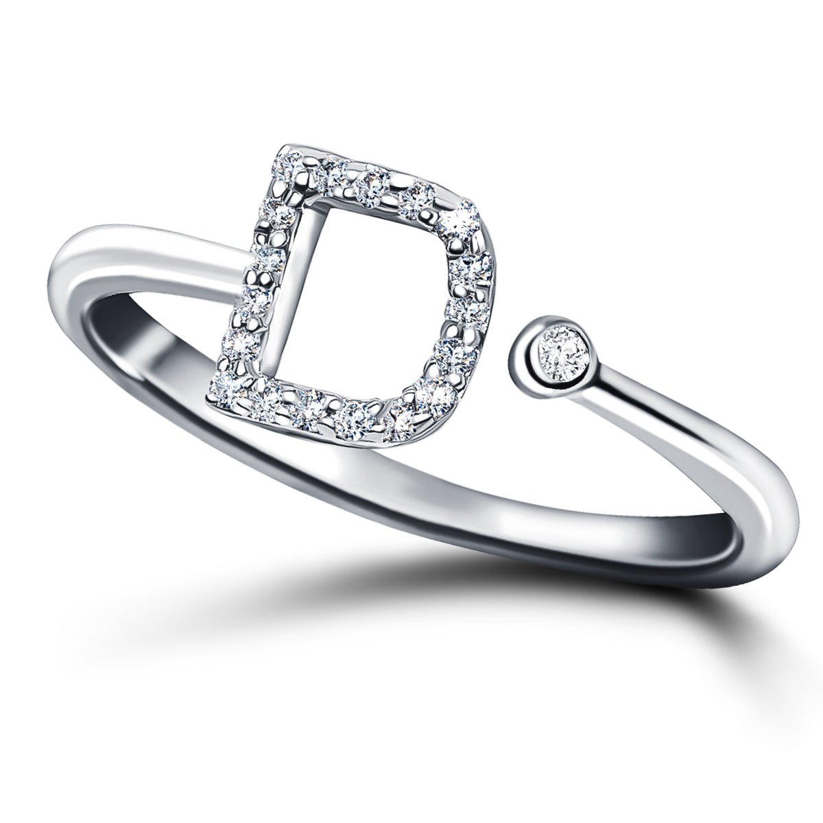 Diamond Initial 'D' Ring 0.10ct Premium Quality in 18k White Gold - All Diamond