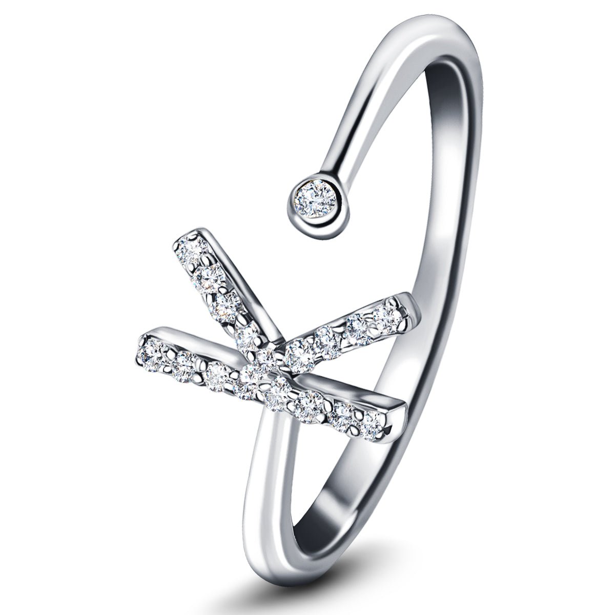 Diamond Initial 'K' Ring 0.10ct Premium Quality in 18k White Gold - All Diamond