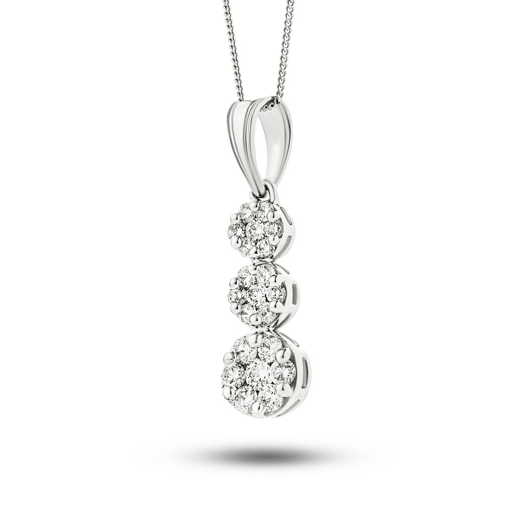 Diamond Trilogy Cluster Pendant Necklace 1.00ct G/SI 18k White Gold - All Diamond