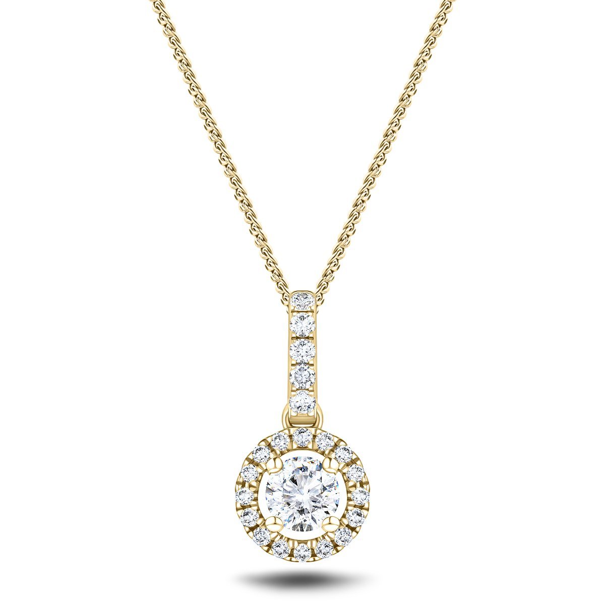 Drop Diamond Halo Pendant Necklace 0.60ct G/Si 18k Yellow Gold - All Diamond