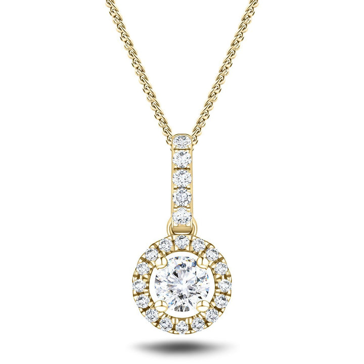 Drop Diamond Halo Pendant Necklace 0.65ct G/SI 18k Yellow Gold