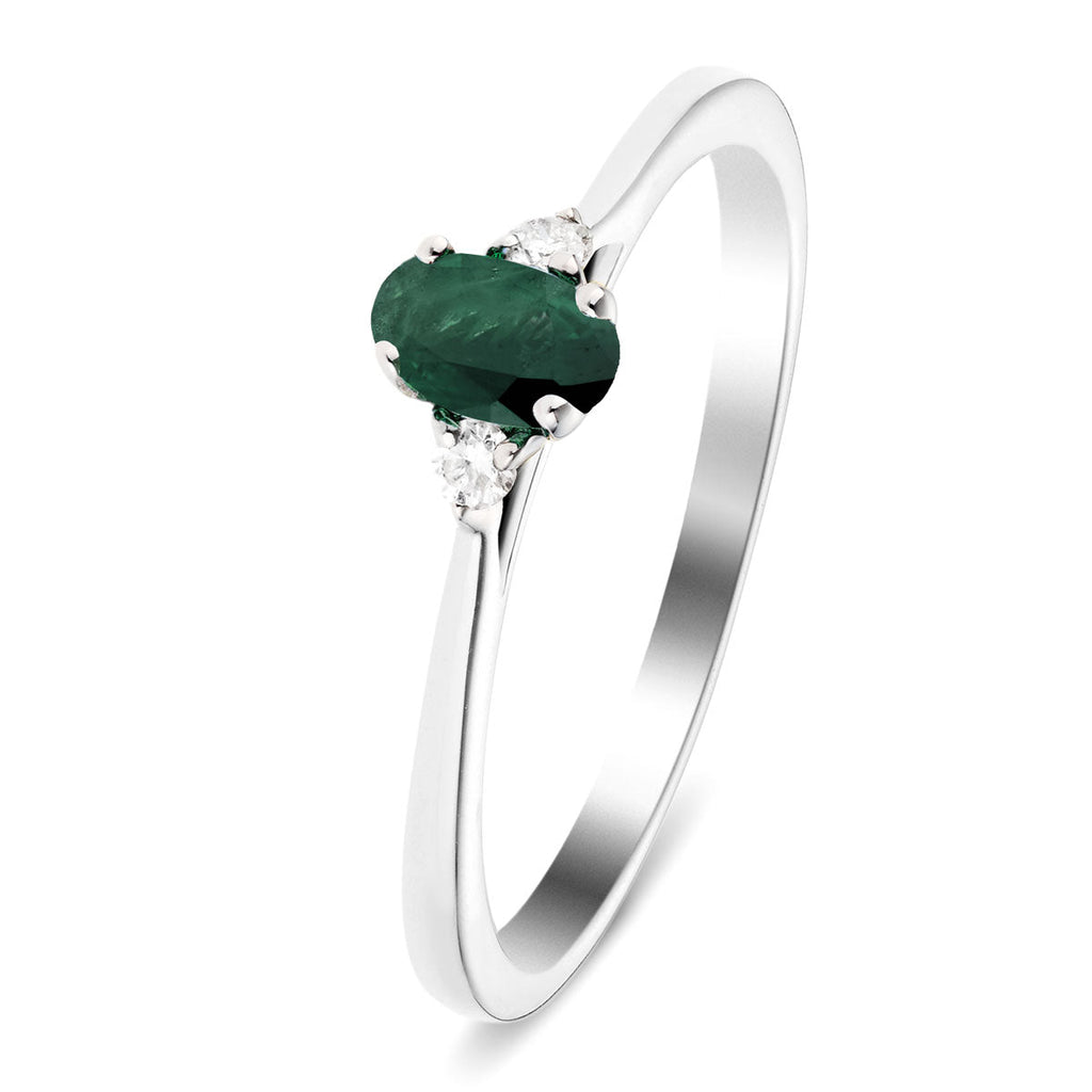 Emerald 0.20ct Diamond 0.05ct Three Stone Ring 9k White Gold - All Diamond